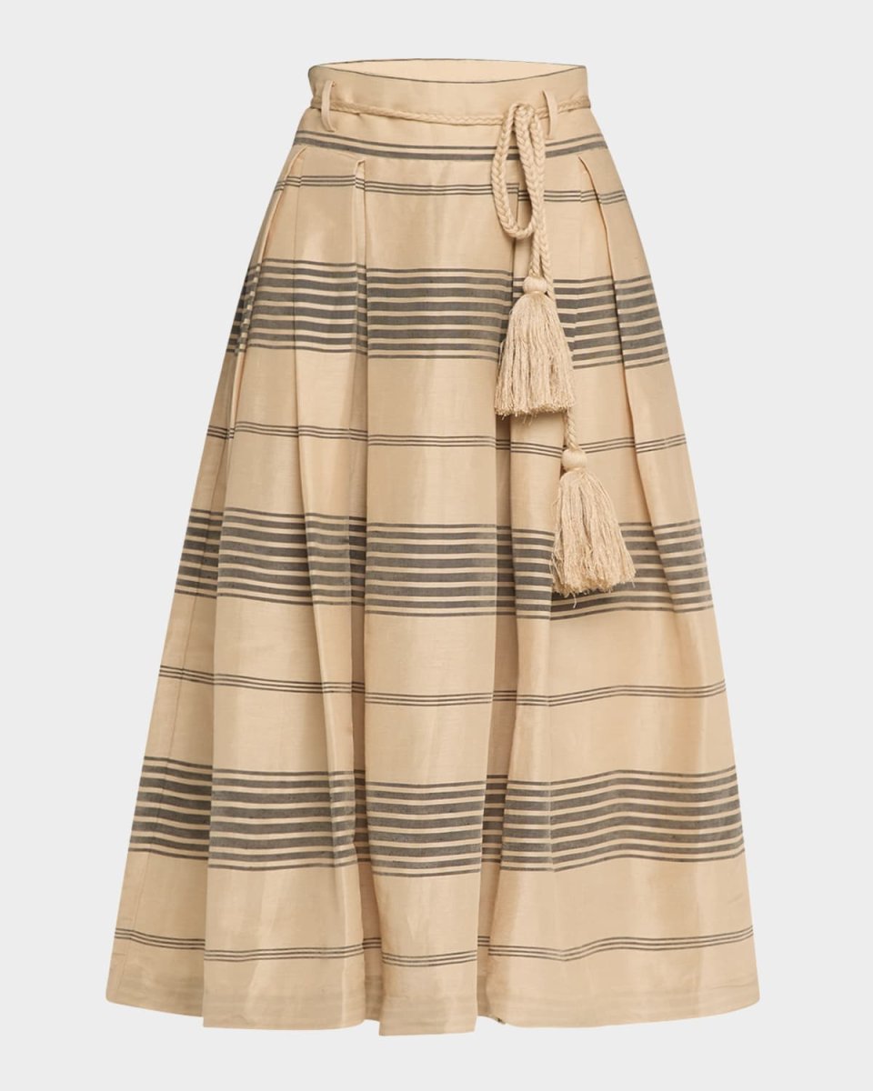 Albidea Belted Pleated Linen Silk Midi Skirt